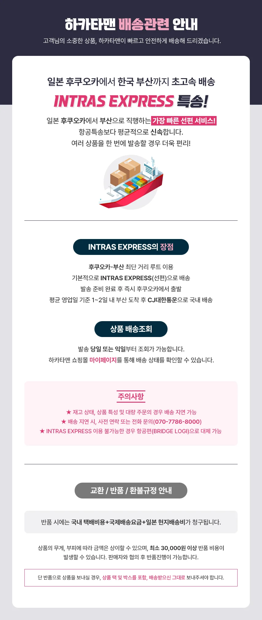 하카타맨 배송관련 안내: INTRAS EXPRESS 특송 배송 안내, 배송조회 방법, 주문·통관 주의사항, 교환·반품·환불 규정